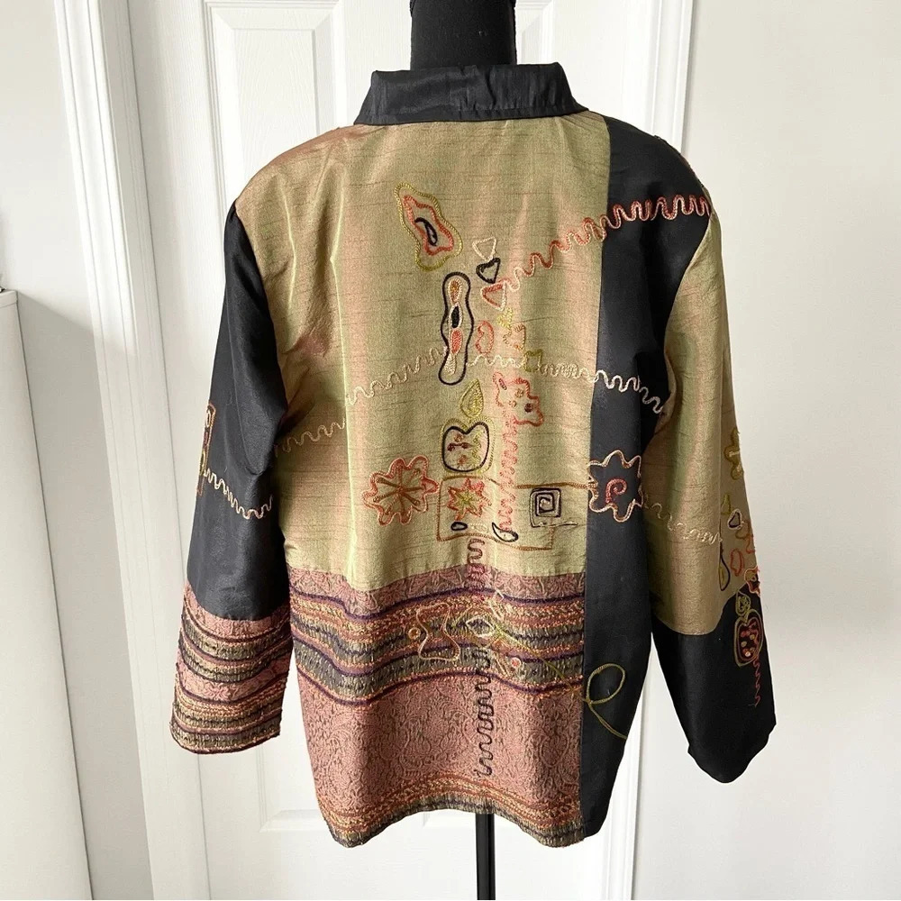Allure Multicolor Patchwork Button-Front Jacket - Black, Olive, Rust - Picture 3 of 16